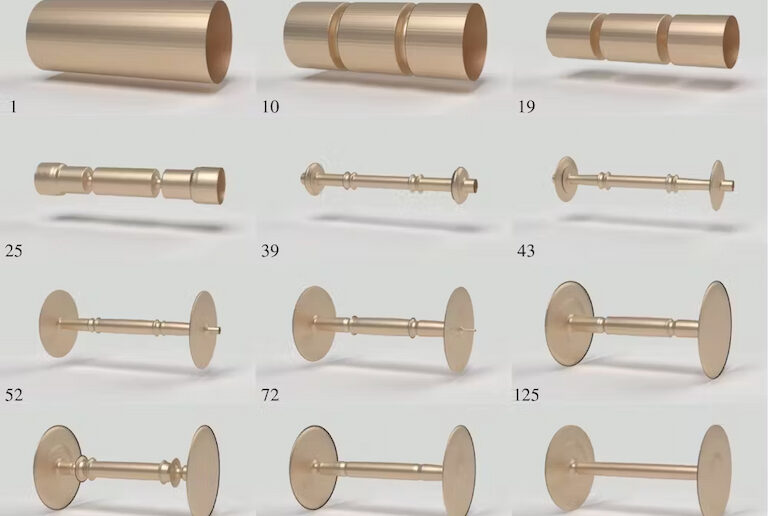 A computer simulation of the evolution from a roller to a wheel-and-axle structure. Each image represents a design evaluated by the algorithm.