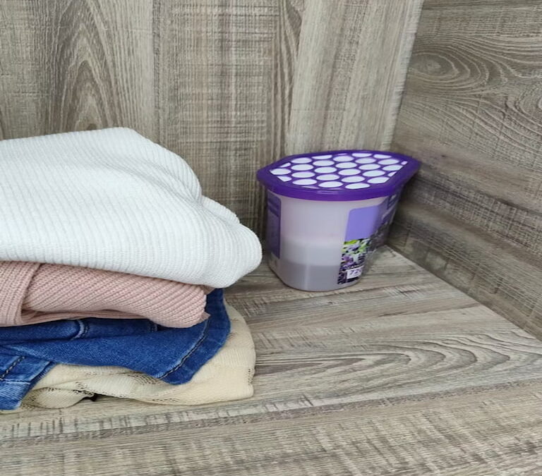 Closet and pantry dehumidifiers like this one typically contain calcium chloride, which binds water.