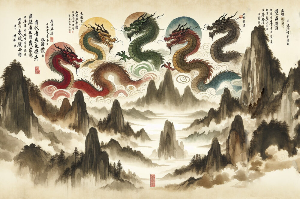 AI-generated image of five Asian dragons in the misty mountains.