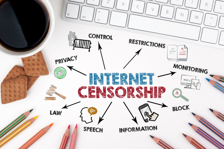 Chart with keywords and icons about internet censorship sits by some colored pencils, a computer keyboard, a cup of coffee, and a snack on a desk.