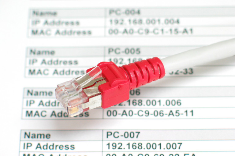 Ethernet cable sitting on a sheet of paper listing IP and MAC addresses.
