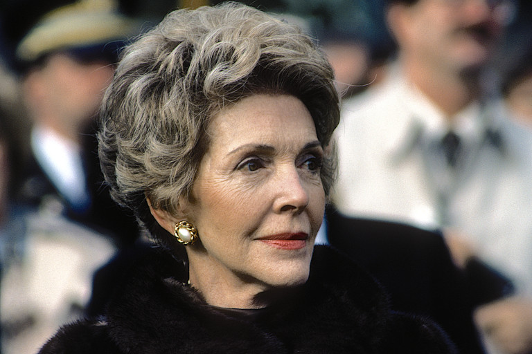 First Lady Nancy Reagan on the South Lawn of the White House during the arrival ceremony for a foreign diplomat.