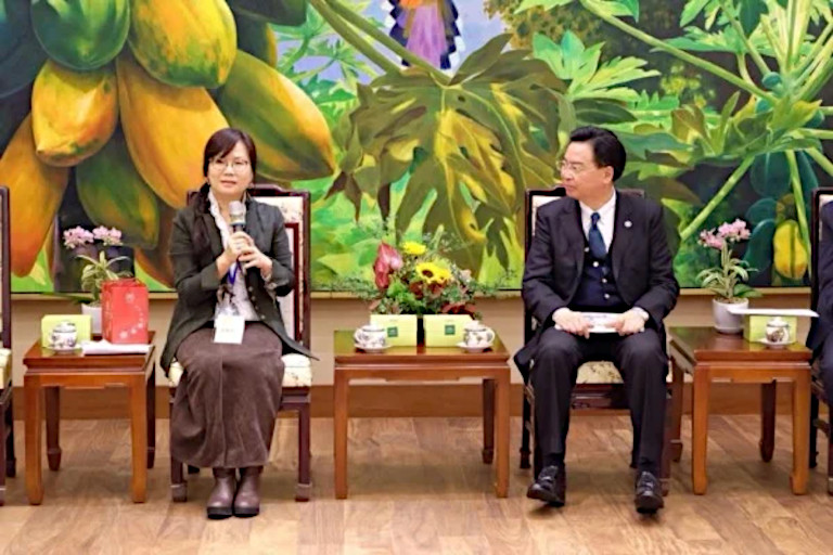 Artist Peng Yamei giving a speech at an exhibit.