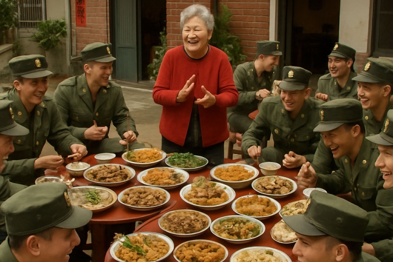 Nearly 20 young men rode bicycles in a grand procession from Kaohsiung to the Daliao military dependents’ village. Tired and hungry, they asked to stay for lunch. Ouyang Papa's wife cheerfully agreed, quickly set up two large tables in the living room and yard, and prepared a hearty feast.