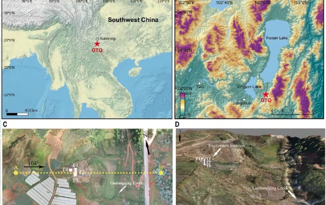The location of the Gantangqing site and excavation trenches.