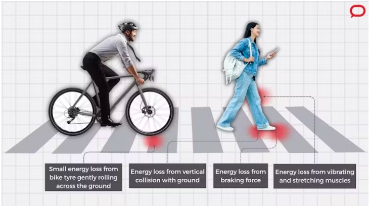 Cycling can be at least four times more energy-efficient than walking and eight times more efficient than running.