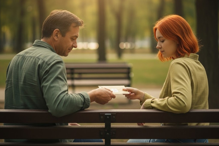 AI-generated image of two people on a park bench during the day, one handing a small note or envelope to the other in a peaceful setting.