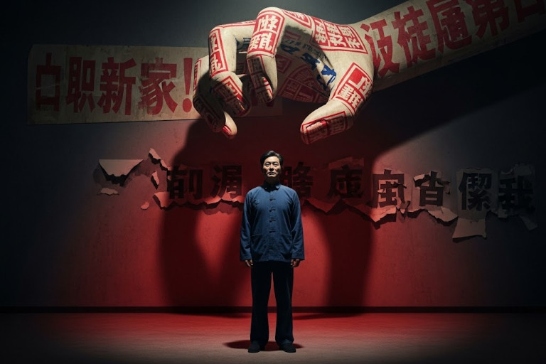 AI-generated image of a person standing under a giant hand made of propaganda posters, with old slogans peeling from the wall.