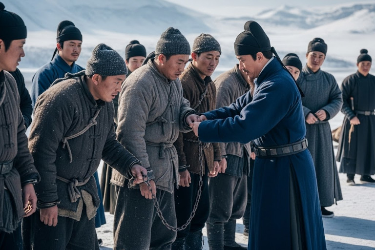 Zhong Liyi freed the labor conscripts from their restraints, demonstrating his deep empathy during a harsh winter journey.