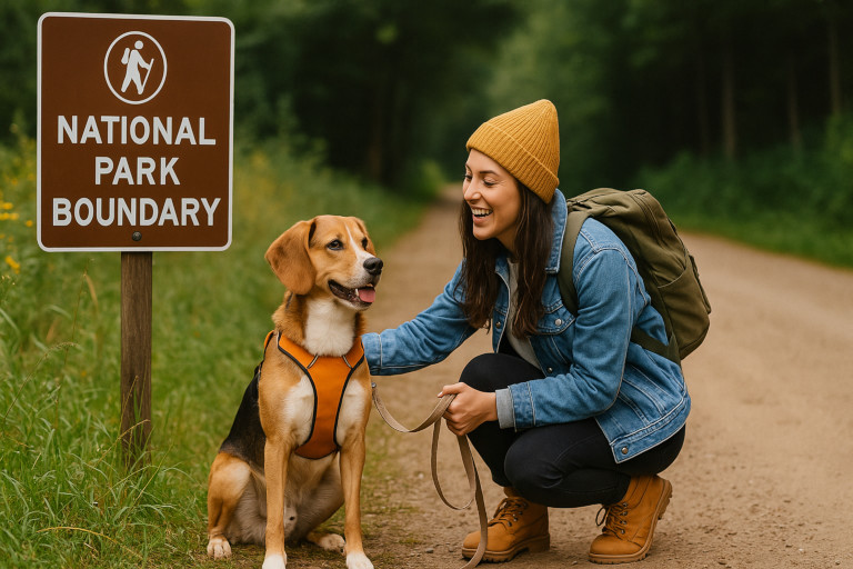 AI-generated image of a woman with her dog at a national park boundary sign, checking pet access rules.