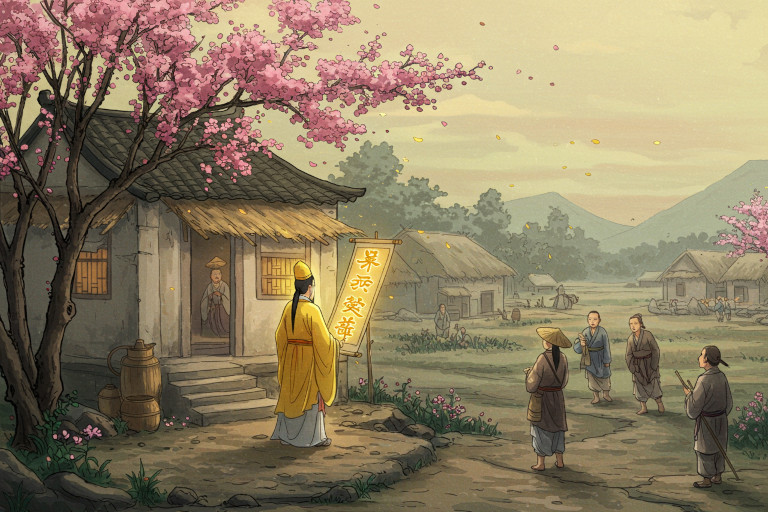 After Zhu Ran saved thousands through his good deeds during a famine, villagers dreamed of a celestial messenger foretelling his son’s rise to greatness.