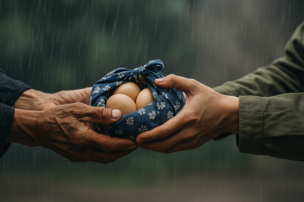 An elderly man selling eggs.