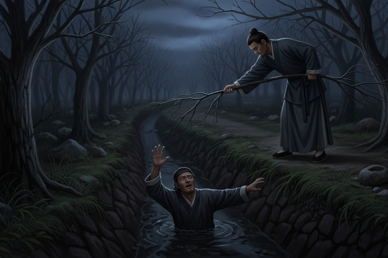 AI-generated image of a man helping another out of a ditch at night with a tree branch on a rural path in ancient China.