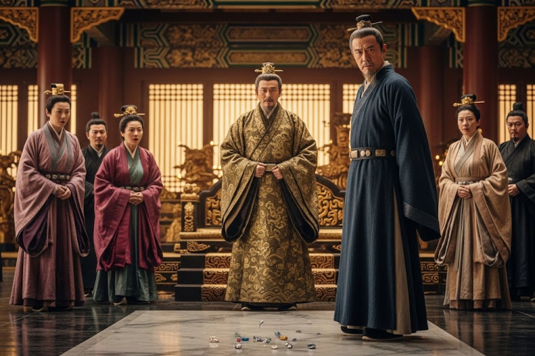 AI-generated image of an ancient Chinese official resolutely standing in an imperial court after throwing confiscated jewels to the ground, with the emperor and ministers looking on in shock, in a realistic, cinematic style.