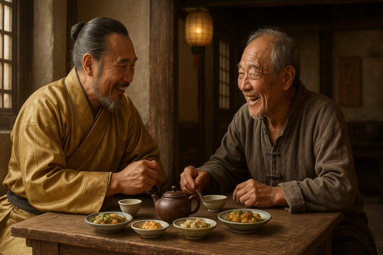 AI-generated image of two elderly Chinese men laughing as they share a meal together.