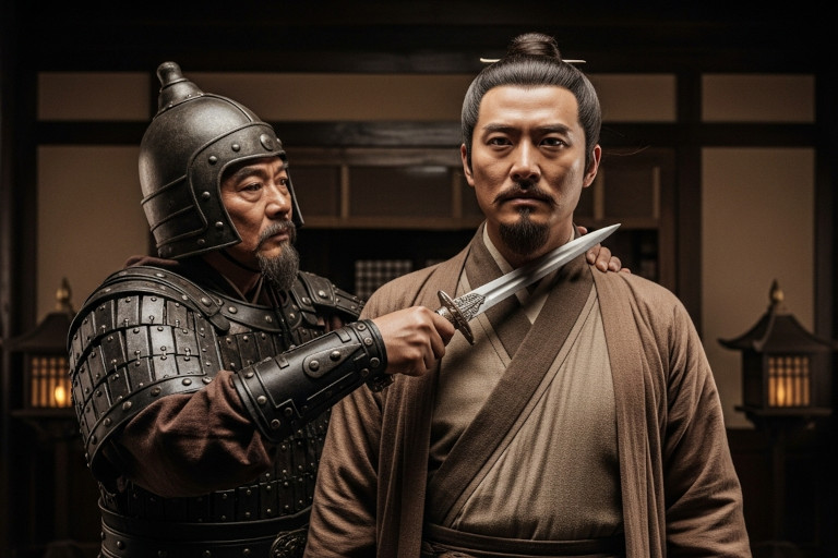 AI-generated image of a Chinese scholar facing a knife to his throat, defying a military officer in a dimly lit room.