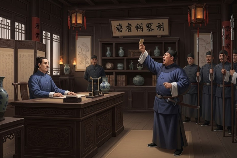 A defiant Du Chengde confronts the newly appointed Magistrate Wu Yi.