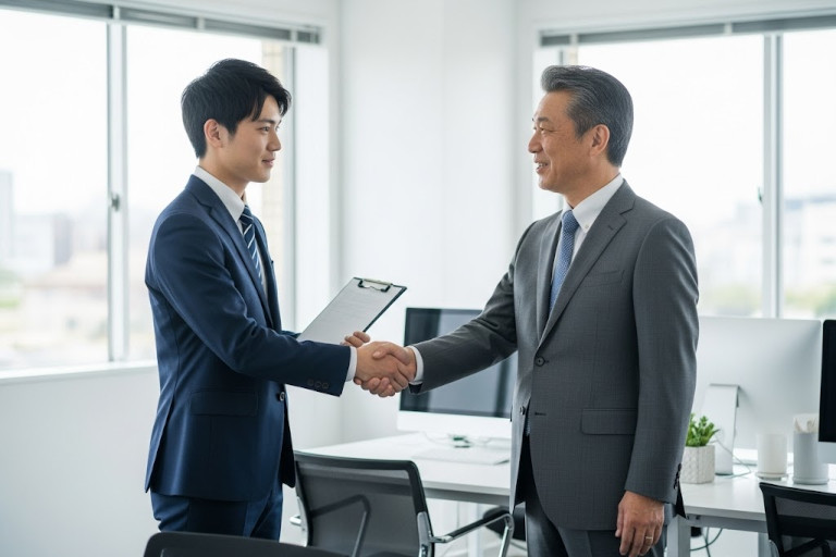 AI-generated image of a young Asian man shaking hands with an older Asian man in a modern office.