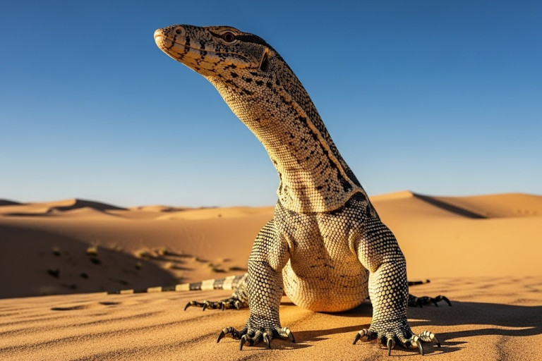 AI-generated image of a monitor lizard standing upright with its neck extended in a vast, sunny desert landscape.