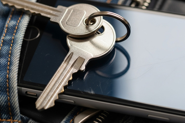 AI-generated image of a close-up view of a smartphone and metal keys placed together in a denim pocket.