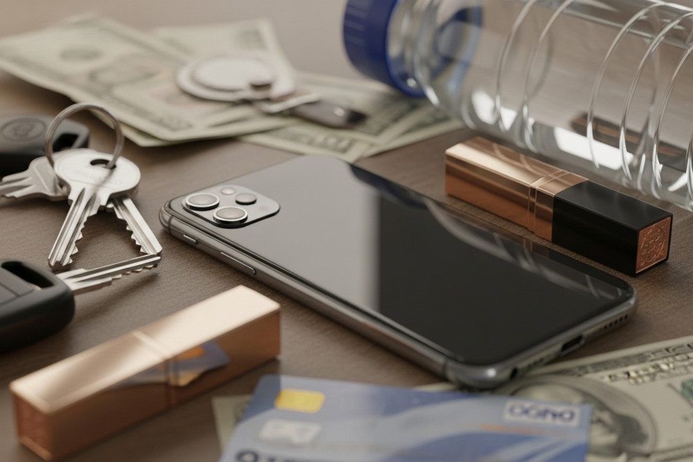 AI-generated image of a smartphone on a cluttered tabletop surrounded by keys, cash, a water bottle, makeup, and a credit card.
