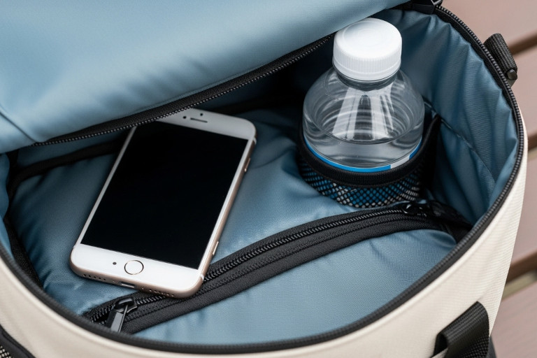 AI-generated image of an open backpack showing a smartphone in one compartment and a water bottle in a separate holder.