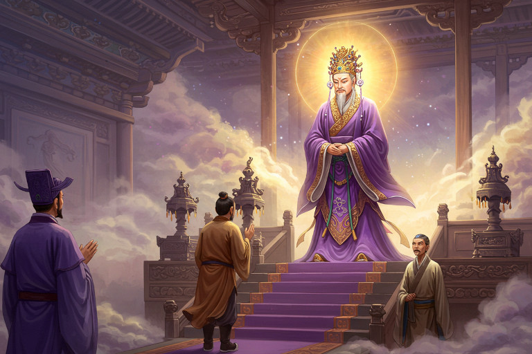 AI-generated image of a Daoist deity in purple robes descending from a ceremonial platform to greet a humble man in a celestial palace.