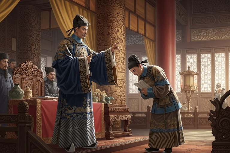AI-generated image of a stern Qing Dynasty Grand Secretary reproaching an official, who appears uncomfortable and shamed, within a grand imperial hall.