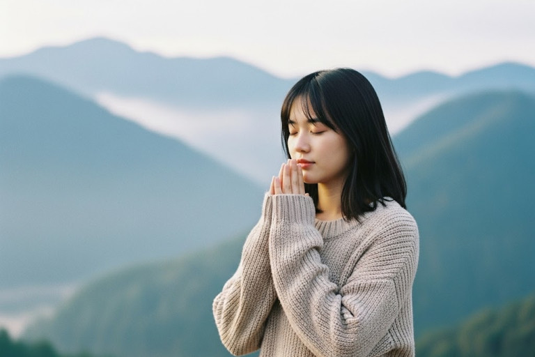 AI-generated image of a woman outdoors with mountains in the background, hands pressed together with a serene look on her face.