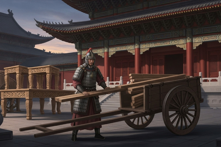 AI-generated image of a Chinese military officer in traditional armor stealing wooden planks behind a government building.
