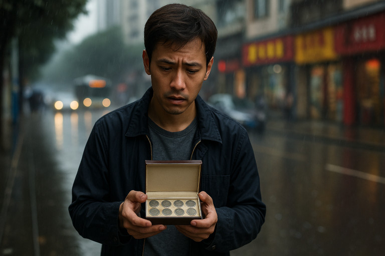 AI-generated image of a young Chinese man standing on a street holding a box of commemorative coins.