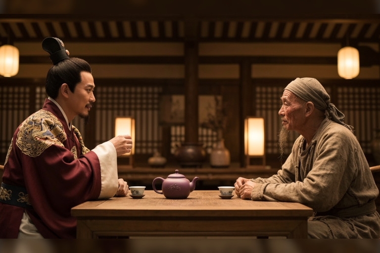 AI-generated image of a wealthy Chinese man drinking tea with a beggar.