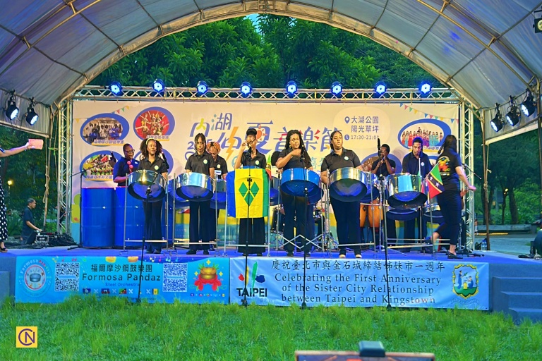 The Formosa Pandaz Steel Drum Orchestra performing at the 2025 Neihu Music Festival.