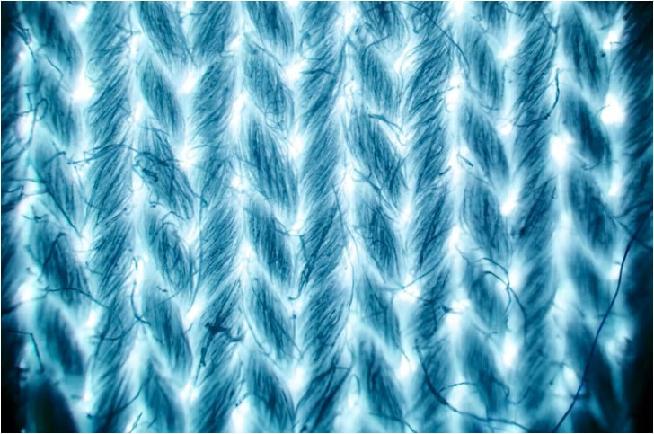 Cotton fabric under 40x magnification, showing the threads ‘locked’ in against each other.