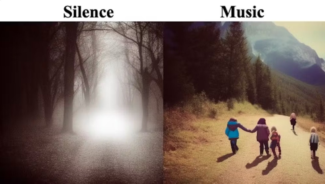 Example images generated from descriptions during silence (left: ‘I imagined a dark walk, without emotions, alone, looking for some hope’) and music (right: ‘I imagined a walk in the mountains with my family, all together, happy and carefree, we played, we laughed’).