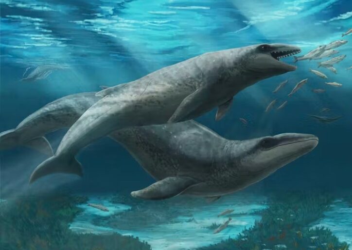 Janjucetus dullardi calf and mother swimming through the shallow seas off Victoria, 25 million years ago.