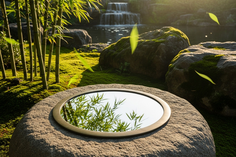 AI-generated image of a circular bronze mirror resting on a stone table in a tranquil garden reflecting bamboo stalks and green leaves under warm afternoon light.