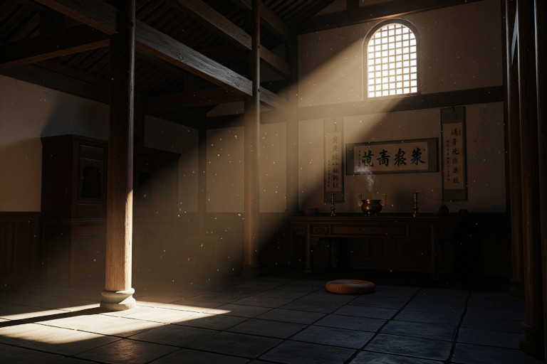 AI-generated image of a quiet Taoist temple interior with sunlight streaming through a high window, illuminating floating dust particles in the air.