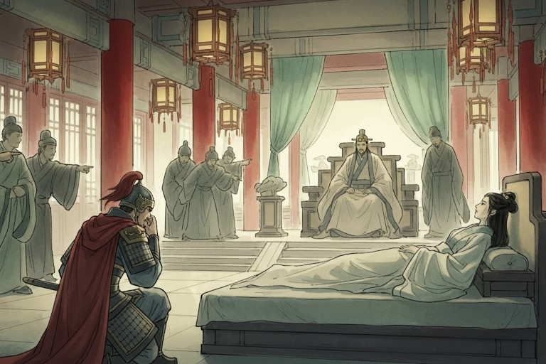 AI-generated image of a defeated general kneeling before a dying princess in a traditional Chinese palace as courtiers whisper and the king watches sorrowfully.