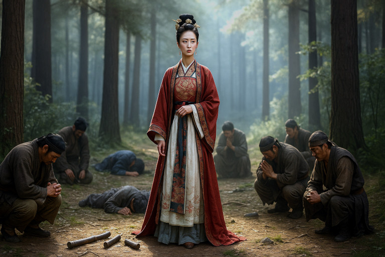 AI-generated image of a young Chinese woman in Qing martial clothing standing in a forest with broken iron pieces at her feet, defeated bandits around her, and others kneeling in fear.