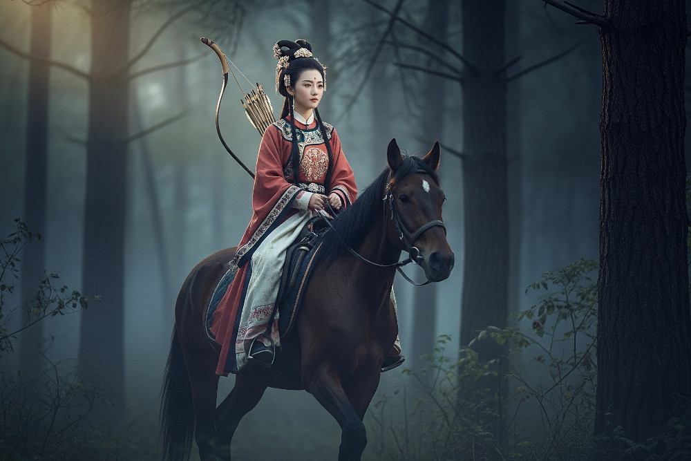 AI-generated image of a young Chinese woman in Qing Dynasty clothing riding a horse through a dense forest at dusk, with a bow on her back and a calm, focused expression.