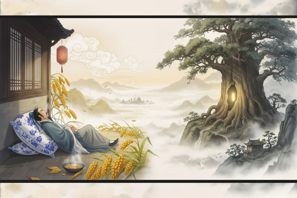 AI-generated image of a dreamlike landscape blending a scholar resting at an inn and a glowing pagoda tree hiding a miniature kingdom, in traditional Chinese painting style.