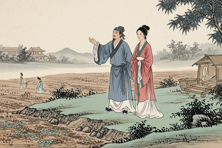 AI-generated image of an ancient Chinese scholar standing beside his wife on a quiet farm, speaking earnestly in a peaceful rural setting.
