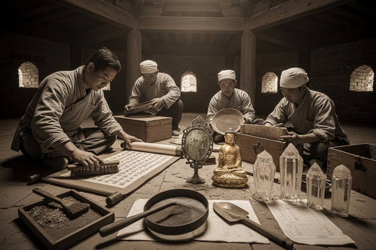 AI-generated image of workers in traditional clothing uncovering Buddhist relics inside a pagoda, including gold statues, scrolls, bronze mirrors, crystal objects, and tools used in restoration, evoking the 1979 discovery at Qianxun Pagoda in Dali.