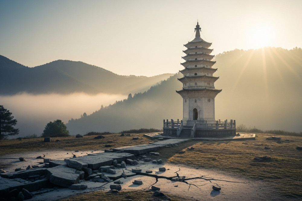 AI-generated image of an ancient white pagoda standing unscathed on a misty Yunnan mountainside at sunrise, with cracked earth and scattered stones in the foreground suggesting a recent earthquake.