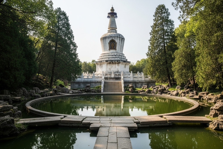 AI-generated image of a white Tibetan-style pagoda surrounded by pine trees, with a circular reflection pool and stone walkway leading to the steps of the structure, evoking a peaceful and ancient atmosphere.