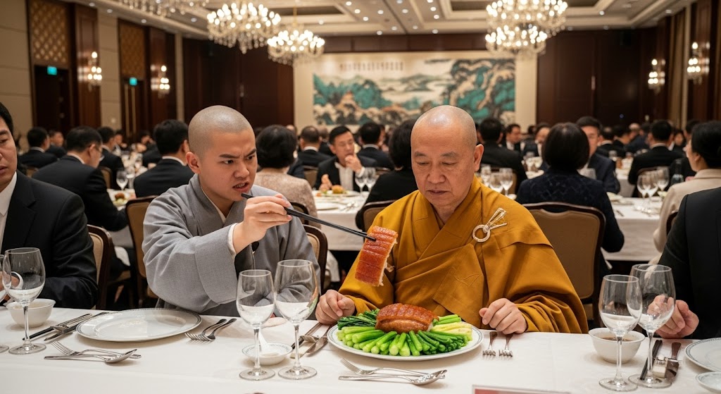 Two monks eating.