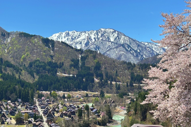 Panoramic view of Shirakawa-gō and Gokayama from the hilltop in spring.