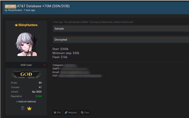 ShinyHunters advertising that they are selling AT&T data.