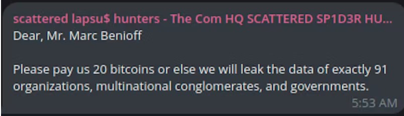 Screenshot of public extortion message addressing Salesforce CEO Marc Benioff.